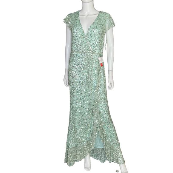 Mac Duggal Sequined Faux Wrap Ruffle Cap Sleeve Gown Seafoam 70113 Women’s Sz 14 - Picture 2 of 12